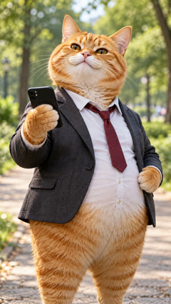 AI-created orange tabby in a business suit holding a phone