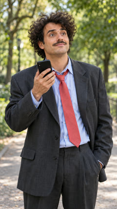 AI-created fictional man with curly hair, a moustache and a crooked tie holding a phone